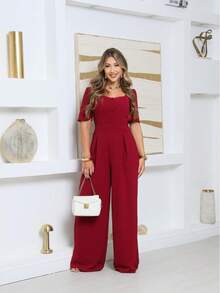 Duna Women's Tailored Jumpsuit With Short Sleeves And Buttoned Wide Leg Pants - 酒紅色 - 查看 1