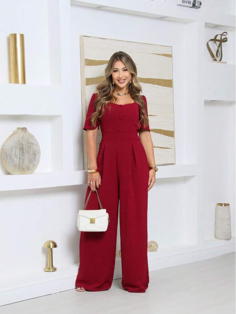 Duna Women's Tailored Jumpsuit With Short Sleeves And Buttoned Wide Leg Pants - 酒紅色 - 查看 1