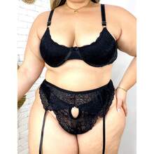 Plus Size Lace Lingerie Set – Underwire Bra And Panties With Leggings - màu đen - Xem 3