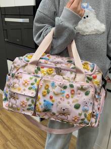 [Classic Style] Fashionable New Oxford Cloth Handbag Tote, Featuring 3D Animal Prints. This Large Capacity Travel Bag Has Versatile Functions Including Wet/Dry Separation And Independent Shoe Compartment. Suitable As Gym/Yoga Bag For Both Men And Women. Can Be Used As School/Commute Bag, Weekend Travel Bag, Overnight Bag, Or Hospital Packing Bag. - Baby Pink - View 2