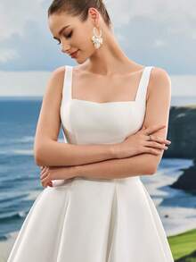 夏季巴洛克缎面生日派对婚礼宾客短礼服，白色优雅新娘送礼会礼服，新娘