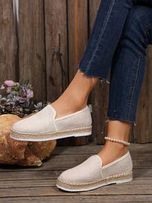 Damen Boho Niedlich Urlaub Runde Spitze Plateau Slip On Espadrilles Bootschuhe Flache Leinen Loafer, Komfortabel, Leicht, Lässig Schuhe