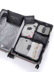 Ensemble de 6 pièces Sac de rangement à motif lettres, sac de rangement pour voyage en tissu moderne et simple, sac de rangement pour voyage, sac à maquillage, sac à maquillage, organisateur de vacances, boîte à maquillage grande capacité, brosse, vêtements, produits de soins de la peau, téléphone portable, pièces de monnaie, petits articles, multifonctionnel pour la famille, les cadeaux, les vacances et les festivals