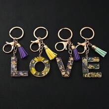 1pc Resin Dried Flower Letter Pendant, Floral Leaf & Golden Sequin Design, For DIY Keychains, Bag Charms, Etc.