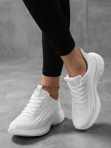 New Women Versatile Lightweight Mesh Breathable White Sneakers, Women's Sports Shoes, Women's Fashion White Running Shoes, Student Jogging Shoes, Women's Comfortable Travel Shoes, Women's Minimalist Lace-Up White Shoes, Women's Soft Bottom Training Shoes, Women's Pure White Shoes, Women's White Fitness Shoes, Women's Road Running Shoes, White Retro Sports Shoes - All White - View 5