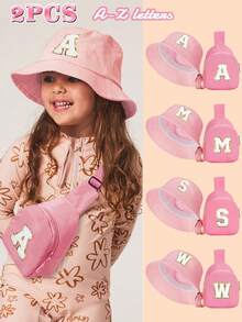 2pcs Set Letter Print Kids Bucket Hat & Minimalist Brim, Fashion Shoulder Diagonal Cross Bag, Suitable For Boys And Girls Everyday Wear - Pink - View 1