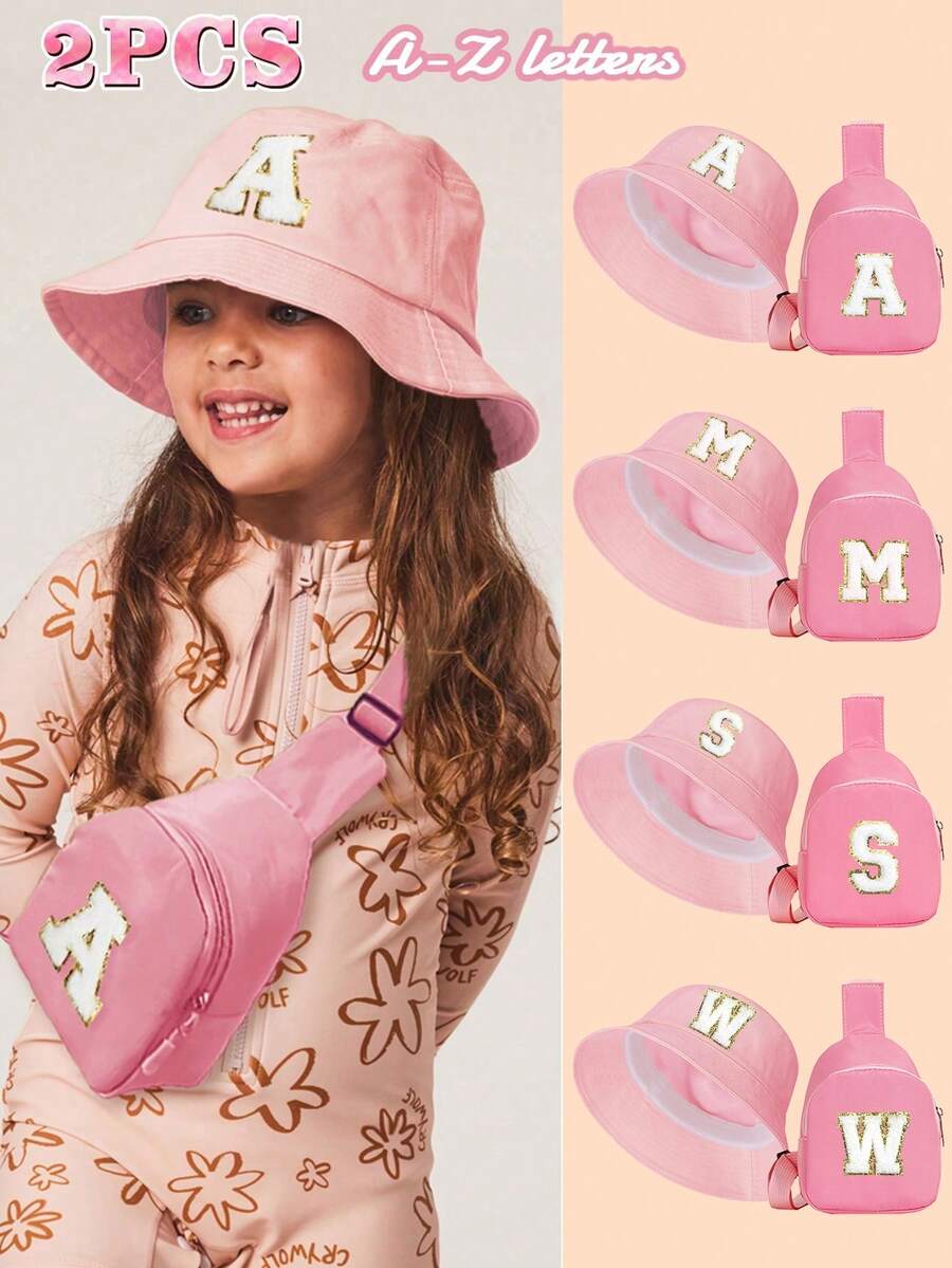 2pcs Set Letter Print Kids Bucket Hat & Minimalist Brim, Fashion Shoulder Diagonal Cross Bag, Suitable For Boys And Girls Everyday Wear - Pink - View 1