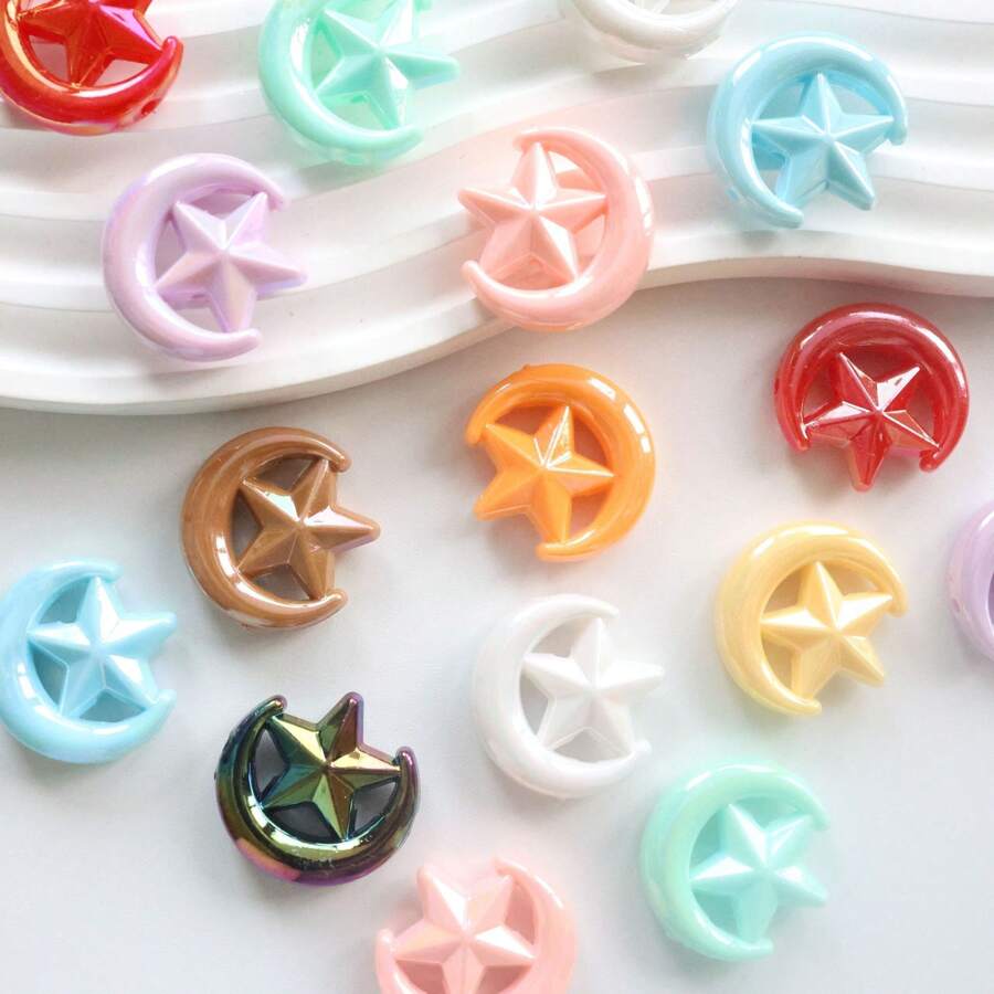 10pcs 27mm Color Plated AB Star & Moon Shape Straight Hole Beads, DIY Beaded Mobile Chain, Bag Charm, Keychain Materials & Accessories
