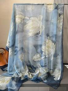 1pc Women Chiffon Scarf, Versatile Lightweight Shawl Wrap For Spring Autumn, Travel & Sun Protection, Suitable For Autumn/Winter For Dress - Navy Blue - View 4