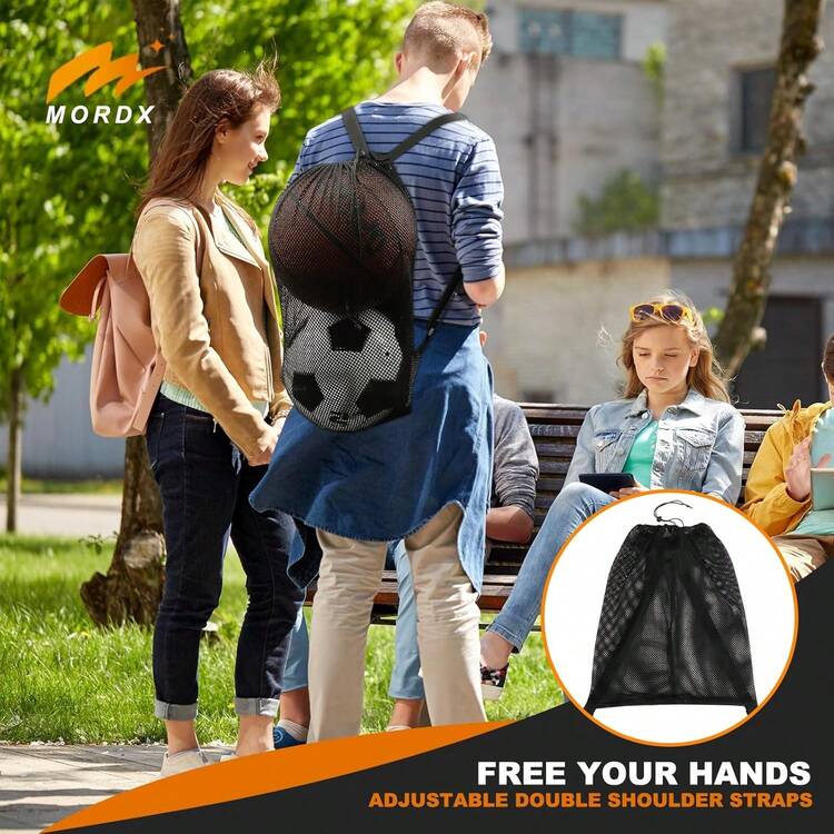 Mochila deportiva de malla ajustable, adecuada para baloncesto, voleibol, béisbol y fútbol - Bolsa con cordón negro con correas ajustables para los hombros, ligera y fácil de guardar, perfecta para entusiastas de los juegos de pelota (excluyendo pelotas) - Negro - Añade 3