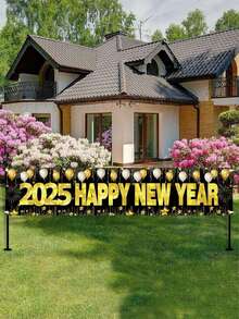 1 件，2025 新年快乐横幅，40*200 厘米涤纶黑金气球烟花倒计时时钟图案新年悬挂横幅，适用于家庭围栏庭院标志、花园、室内室外装饰欢迎活动装饰，2025 年新年快乐庆祝派对装饰，圣诞节 - 彩色 - 查看 9