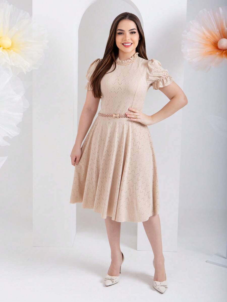 Women's Midi Dress With Belt Romantic Luxury Lese Cotton High Neck Elegant Modest Beautiful Party Wedding Zipper Buttons - 米色 - 查看 1