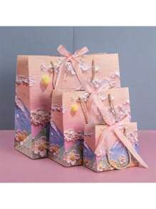 1 pieza Bolsa de regalo 3D con patrón romántico de nubes, montañas y flores, color rosa, para fiesta de cumpleaños, vacaciones, Acción de Gracias, embalaje de regalo de cumpleaños, bolso