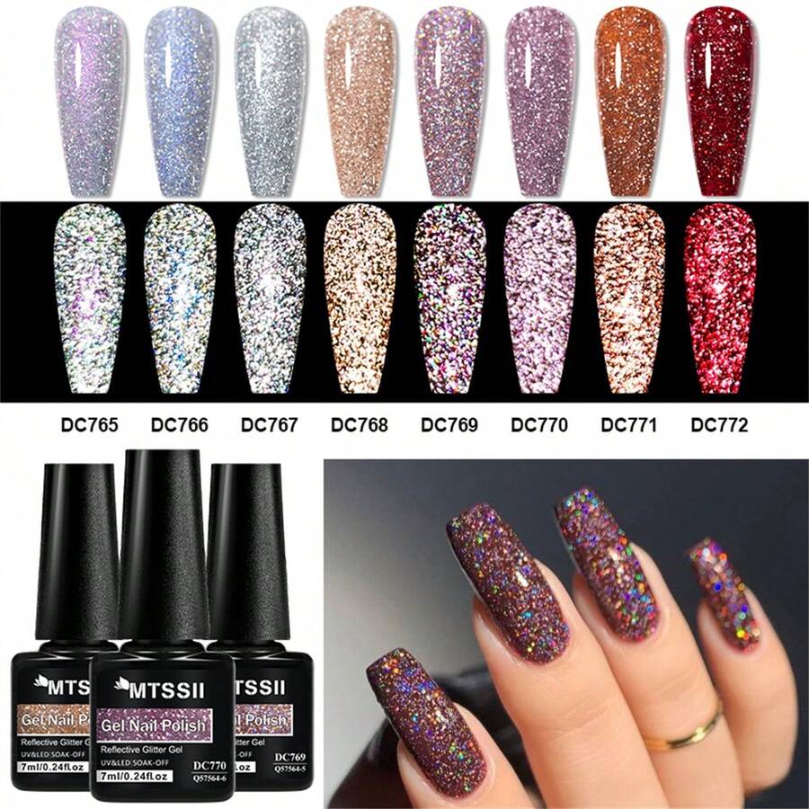 Mtssii 8PCS/Set 7ml Champagne Gold Sliver Reflective Nail Gel Polish Kit Sparkling Shining Glitter Pink Red Color Nail Supplies Semi Permanent Soak Off UV Gel Varnish Sparkle Effect Nail Art Manicure - 彩色 - 查看 1