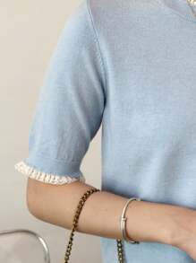 Summer New Arrival Simplistic Lace Trim Blue Short Sleeve Knit Top
