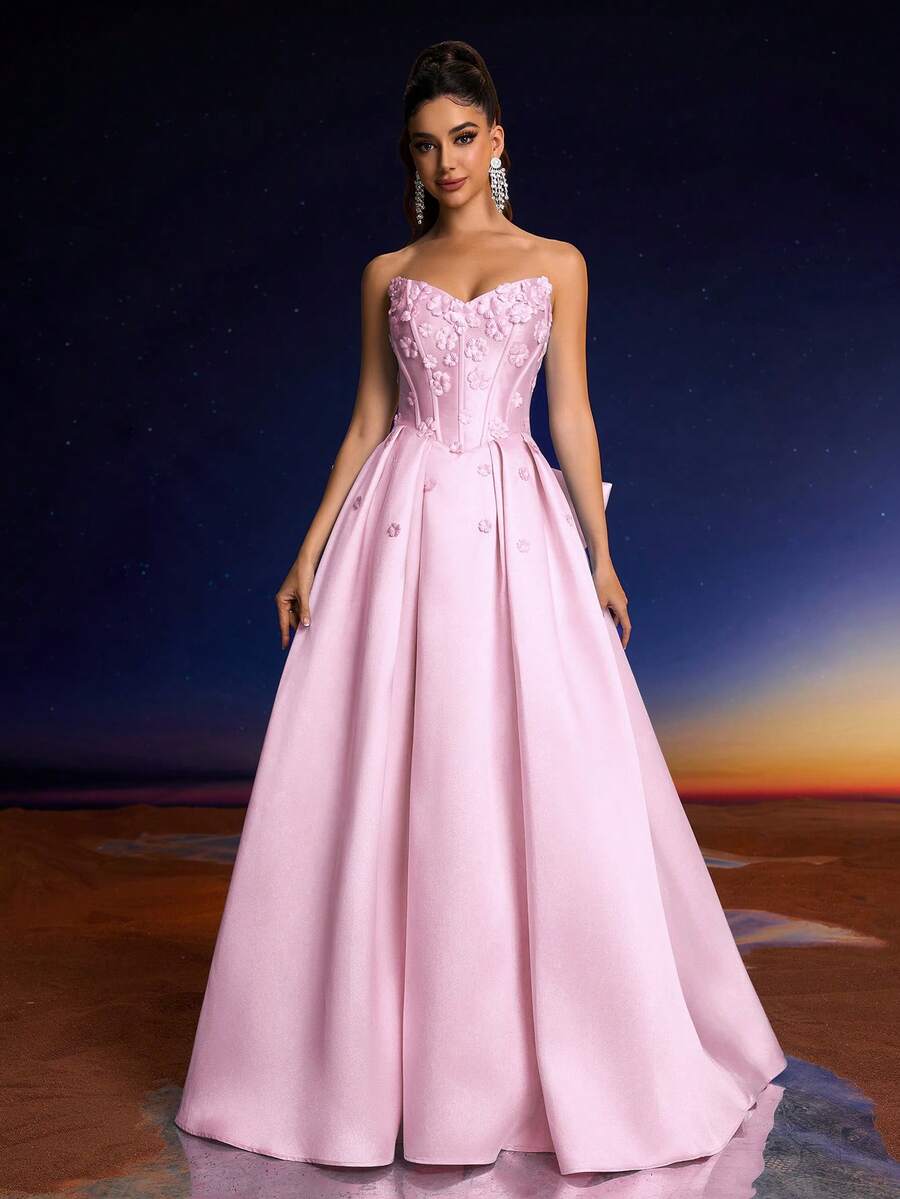 Anymoon Women's Formal Evening Dress, 3D Handmade Floral Decor, Suitable For Graduation Ceremony, Homecoming, And Wedding Occasions - Pink - View 1