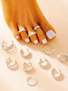 12pcs Retro Floral & Hollow Geometric Multi-Element Decorative Toe Rings Set, Suitable For Women & Girls Vacation, Party, Daily Wear Jewelry Accessories
