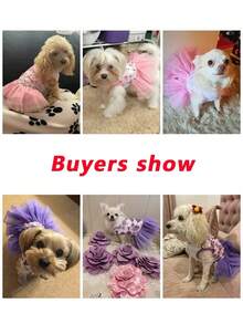 一件粉色碎花公主裙，透气雪纺材质，适合狗狗穿着，时尚婚礼礼服，适合约克夏梗、吉娃娃、贵宾犬、比熊犬等犬种，也适合生日派对穿着。