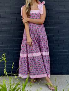 Women Y2k Tie Shoulder Maxi Dress Floral Print Stripe Tie-Up Straps Cami Dress Summer Fashion Sleeveless Casual Beach Long Dress - 紫色 - 查看 2