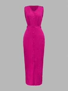 女士时尚休闲优雅圆领无袖单排扣斜口袋连衣裙 - 玫紅色 - 查看 2