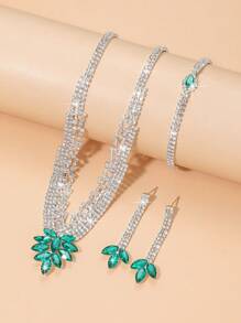 4pcs Green Crystal Leaf Design Jewelry Set For Women, Bridal Crystal Necklace, Bracelet And Earrings Set, Suitable For Weddings, Parties, Evening Dresses