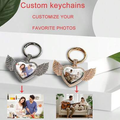 Spersonalizowany luksusowy styl błyszczące skrzydło + brelok ze stopu cynku w kształcie serca, luksusowy styl, wygodny do noszenia, prezent na festiwal, prezent pamiątkowy, spersonalizowane zdjęcie