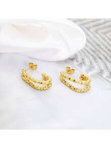 1pair Stainless Steel 18k Gold Plated Simple & Stylish Hollow Out Hoop Earrings Suitable For Office, Party And Date - Yellow Gold - View 12