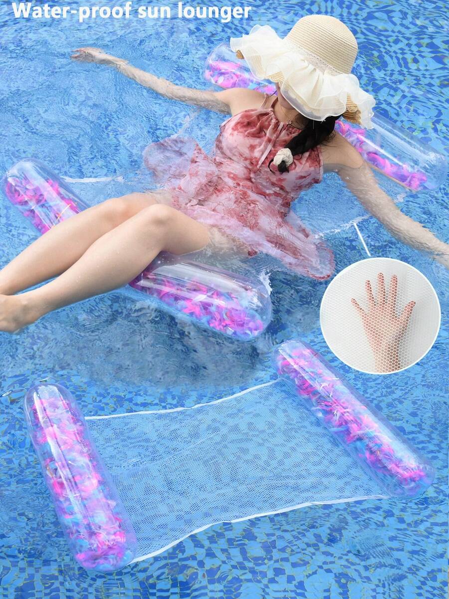 1pc Inflatable Pool Lounge Chair, Shiny Silver Sequin Adult Summer Swimming Pool And Beach Floating Pad, Party Accessory, Perfect Summer Gift, Floating Pool Raft For Adult Vacation Fun And Relaxation, Beach Essentials - Multicolor - View 1