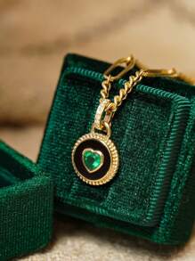 1pc 925 Sterling Silver Green Heart Cubic Zirconia Round Pendant Necklace, Elegant Vintage Style, Versatile For Women, Suitable For Daily Wear, Festivals, Party Gifts
