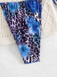 2 件豹纹和花卉印花性感露背系带女式比基尼泳装，海滩度假装，夏季 - 深藍色 - 查看 5