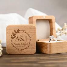 1 Pc Personalized Engagement Ring Box, Customized Engraved Wooden Ring Box, Double Slot Square Wedding Ring Box, Ring Bearer Box, Anniversary Gift For Her, Valentine's Day Gift, Mother's Day Gift