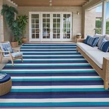 Outdoor Waterproof Patio Rug 5X8 6x9 8X10 9X12 Plastic Straw Reversible Lightweight Outside Blue Orange White Red Stripe Large Carpet Outdoor For Camping RV Porch Deck Balcony Beach - Four-color Blue and White Stripes - View 6
