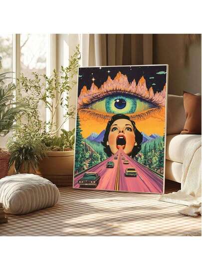 1pc Vintage Acid Highway Surreal Wall Decor With All Seeing Eye Wall Art Poster Living Room Bar Cafe Bedroom Office Home Decorative Canvas Painting Optional Frame ,Wall Art With Frame