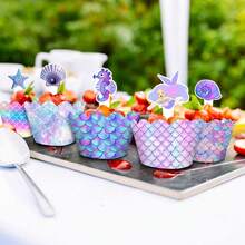 16 件丛林动物纸杯蛋糕装饰包装可爱狮子猴子蛋糕装饰适用于动物生日派对装饰、野性派对蛋糕装饰、生日礼物、派对礼品、圣诞节 - 美人魚 - 查看 4