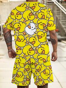 男士加大码黄鸭图案度假风 T 恤和短裤套装 | 宽松短袖速干弹力涤纶超大 T 恤和短裤套装 | 街头叛逆嘻哈装，舒适装