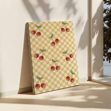 1pc Cherry Pattern, Plaid Background, Retro Style Framed Wall Print Canvas Wall Art - Retro 2D Artwork Wall Poster Decoration For Living Room, Bedroom, Home Decor, Ready To Hang - Multicolor - View 3