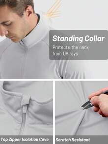 FASBUCO Men's Long Sleeve Athletic Shirts 1/4 Pullover Zip Sun Protection Rash Guard UPF 50+ Outdoor Running T-Shirts - Light Grey - View 4