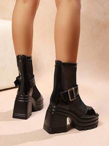 Sexy Retro Roman Style Fashion Women Boots, High Platform Black Hollow Woven Mesh Strap Buckle Thick Sole Sandals - Black - View 4
