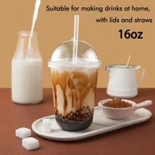 50pcs - 10/12/16 Oz Crystal Cups With Dome Lids, Suitable For Iced Coffee, Cold Drinks, Milkshakes, Smoothie Cups, Party