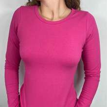 Women's Basic Long Sleeve Cotton Blouse - Hot Pink - View 3