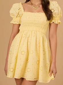 Women's Short Puff Sleeve Mini Dress Eyelet Shirred Bust Square Neck A-Line Dress