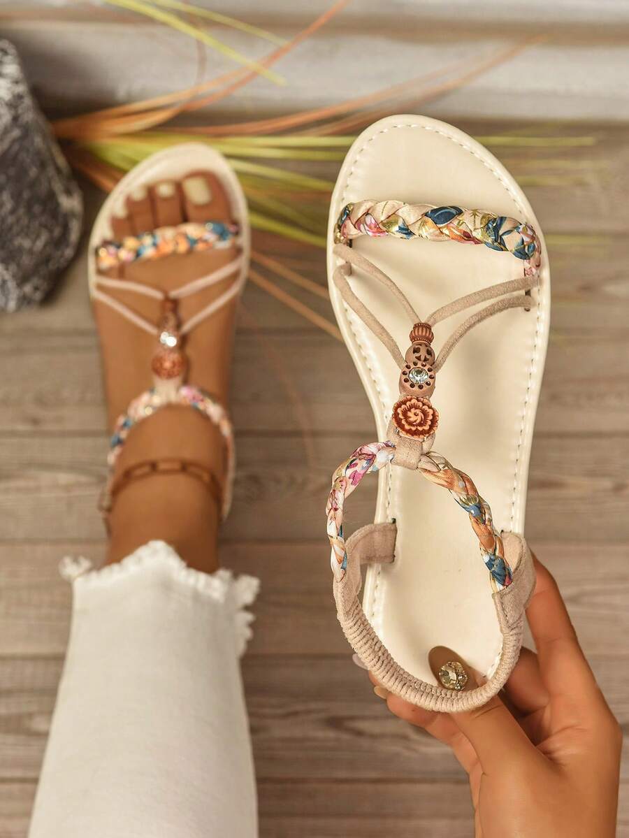 女士宽楦平底凉鞋,时尚奢华舒适凉鞋,百搭派对凉鞋,轻便户外沙滩休闲凉鞋,宽楦设计,适合夏季日常穿着、派对及户外活动 - 米色 - 查看 1