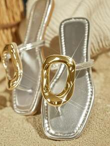 Gold Metallic Women Sandals Square Toe Hardware T-Strap Flats Metal Fashion Casual Dress Flip Flop Slides Woman - 銀色 - 查看 7