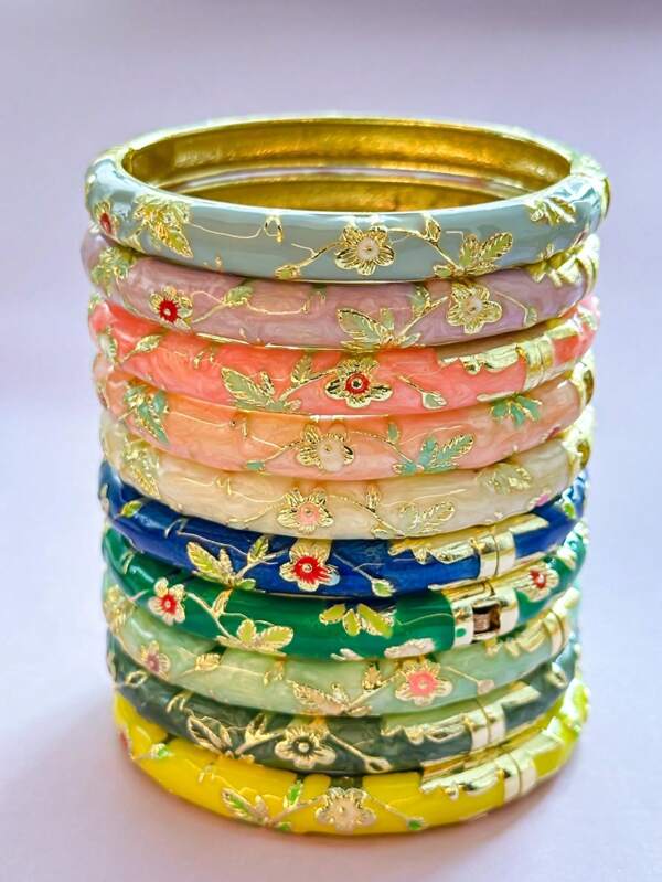 1 pieza Brazalete de estilo vintage con esmalte floral dorado, pulsera dorada, accesorio de joyería apta para niñas y mujeres, uso diario y regalo para festividades