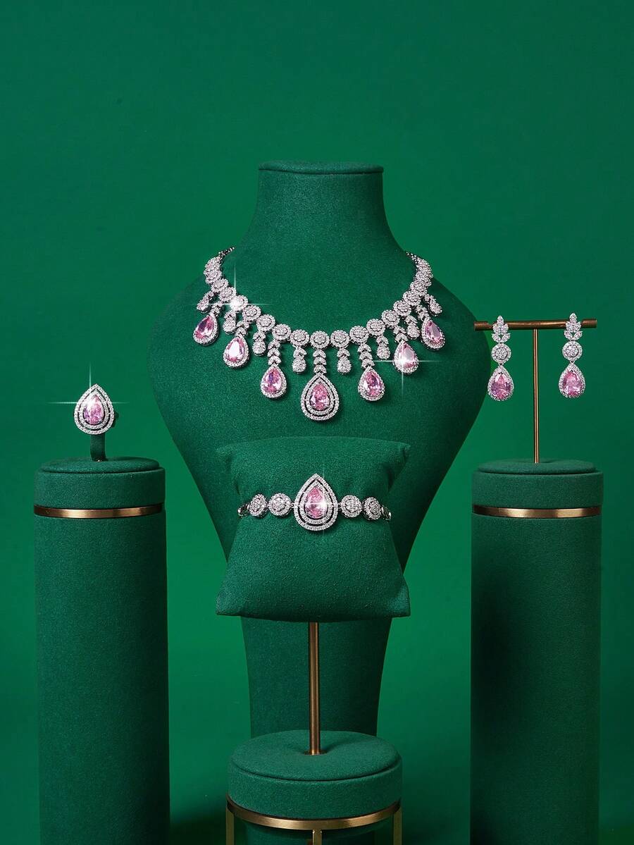 5件套奢华首饰套装：项链、耳环、戒指、手链，饰以粉色水滴形人造锆石，适合中东派对、宴会、日常佩戴、搭配礼服、婚礼等场合。 - 四件套 - 查看 1