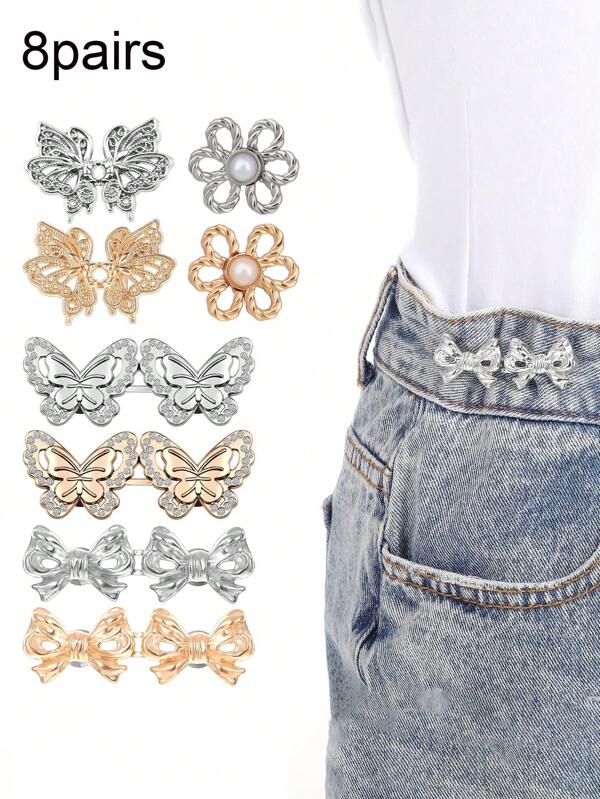 8Sets/2pairs Pants Waist Tightener, Flower Jeans Button Adjustable Waist Buckles Detachable Decorative Waist Pants Clips No Sew And No Tools Jeans Buttons Pins For Women Loose Jean Pants Skirts