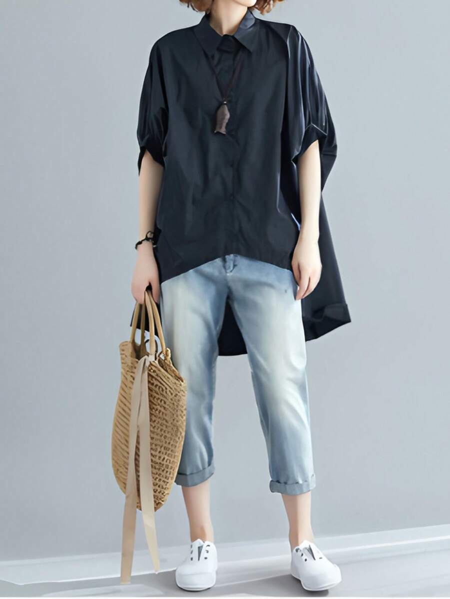 Áo kiểu cánh dơi tay lửng thanh lịch dành cho nữ, vạt trước ngắn, vạt sau dài, cài cúc phía trước. - màu đen - Xem 1