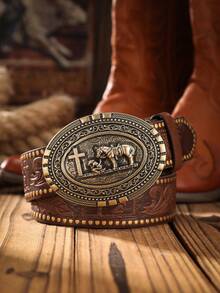 1件波西米亚西部牛仔风格牛头金属扣铆钉仿珍珠装饰复古棕色PU腰带，适合秋季、万圣节、秋冬季节，适合青少年、青年、男士，休闲、户外、运动、度假、毕业礼物、生日、日常穿着
