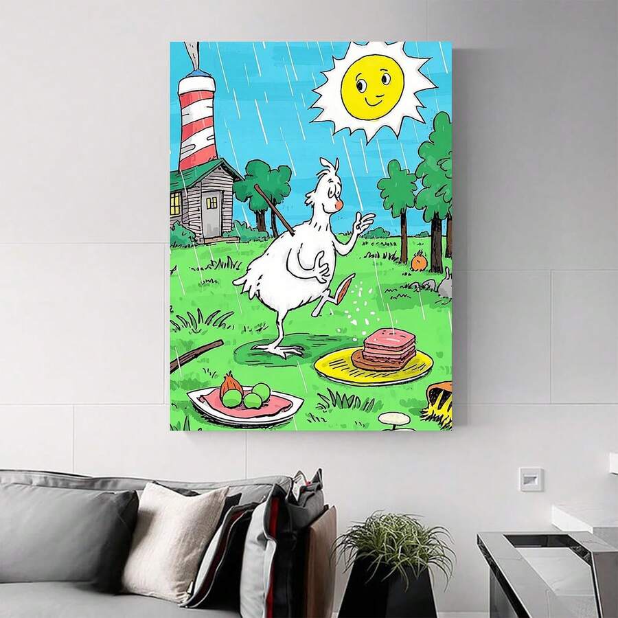 Charming Art Of Green Eggs And Ham On A Rain-Kissed Lawn Under A Warm Sun For Vibrant Wall Decoration - colorful - View 1