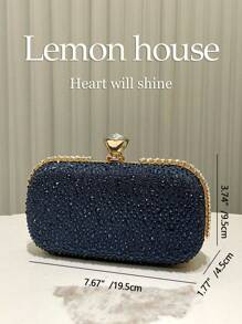 1pc Navy Blue Luxury Rhinestone Decor Clutch Bag, Elegant Lady Party Wedding Bridal Evening Handbag Box Style Purse For Prom, Cocktail, Carnival
